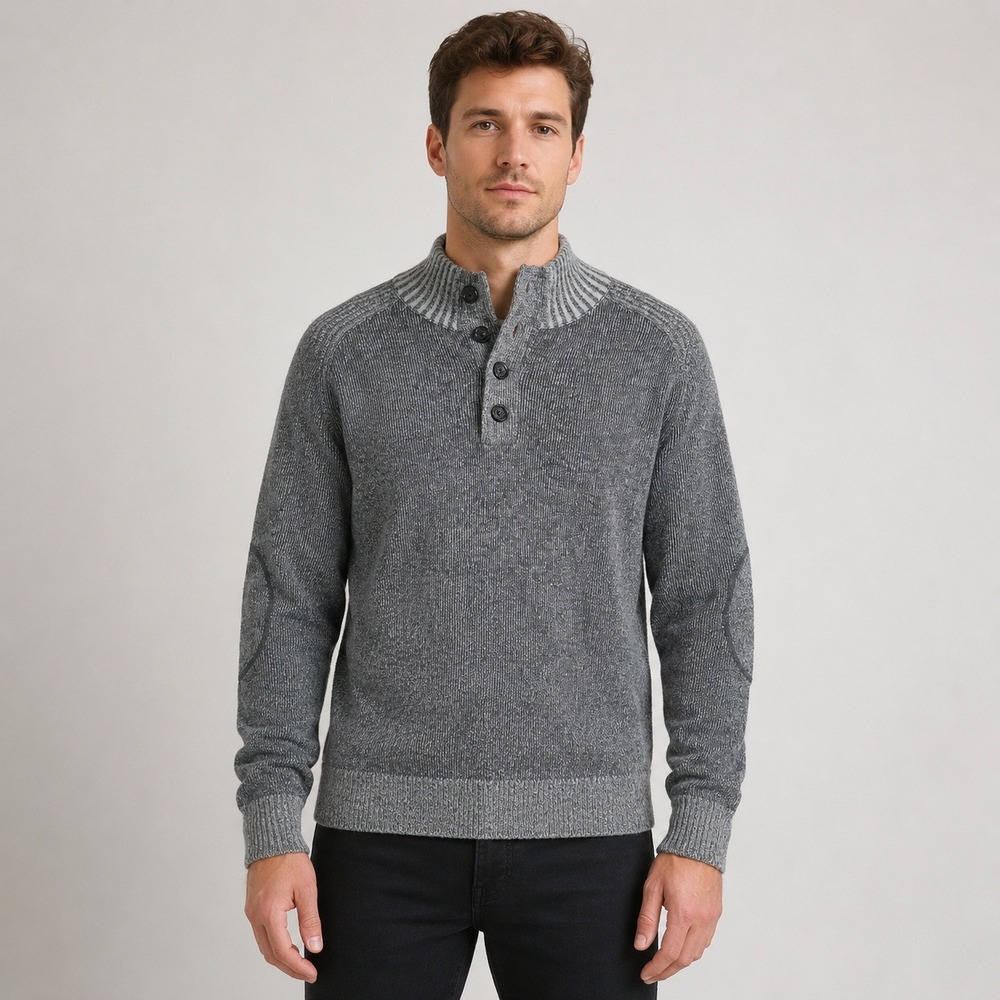 Aqua Toscano Men's‎ L Gray Lambswool Henley Sweater Elbow Patches